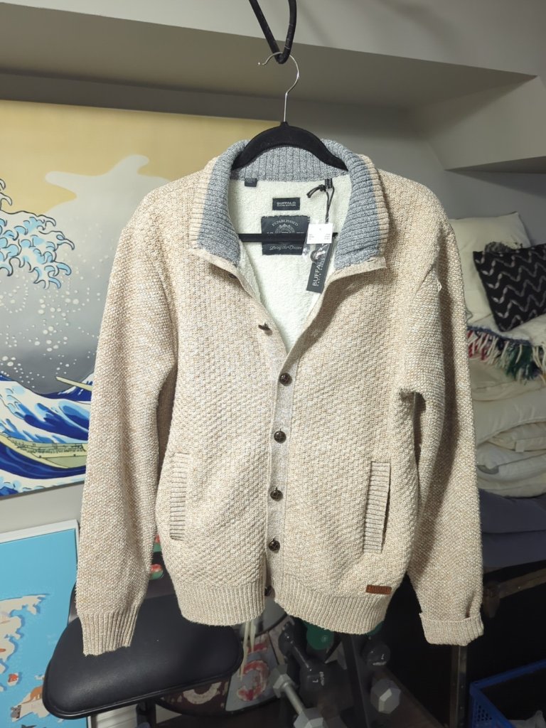 Buffalo David Wadle Button Neck Fleece Lined Sweater Light Brown Small Nwt New
